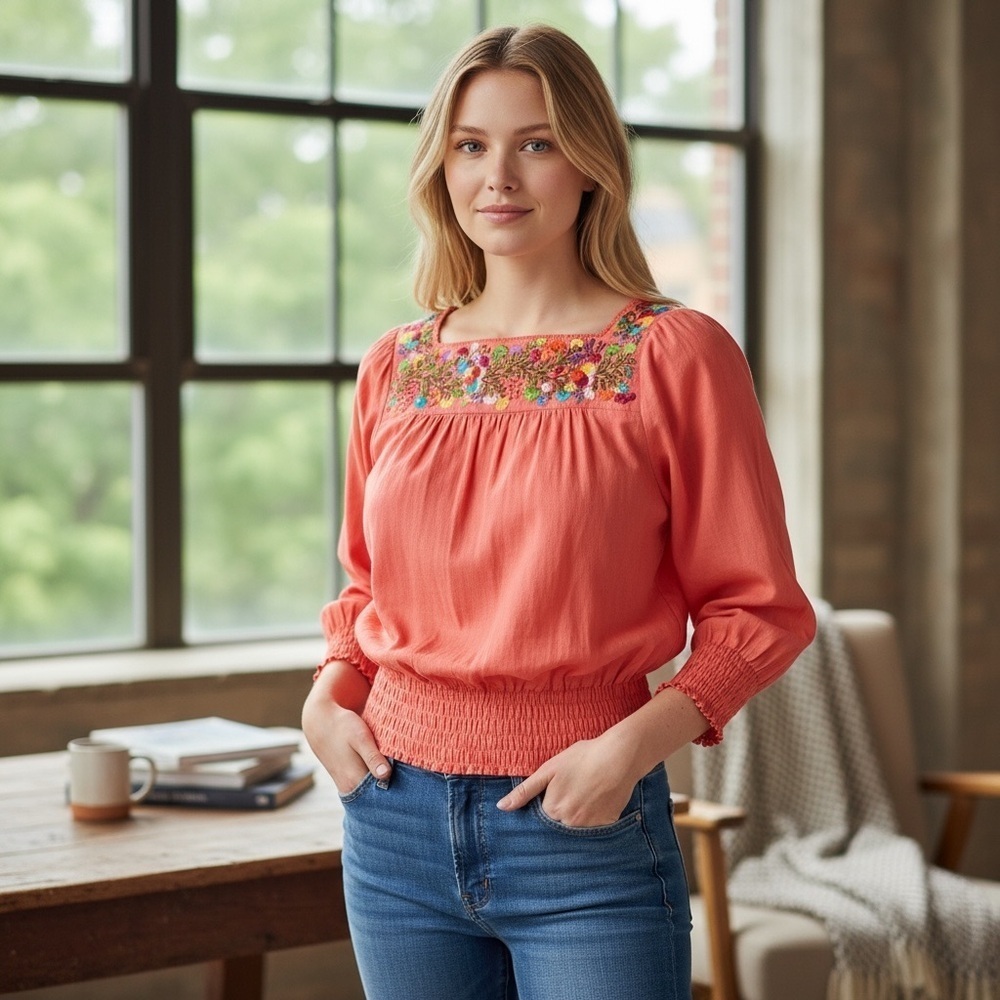Boho Oaxaca Mexico Coral Floral Top
New